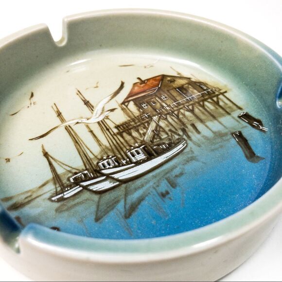 Vintage Otagiri Ceramic Ashtray Harbor Seagulls Boats Japan - Picture 3 of 8